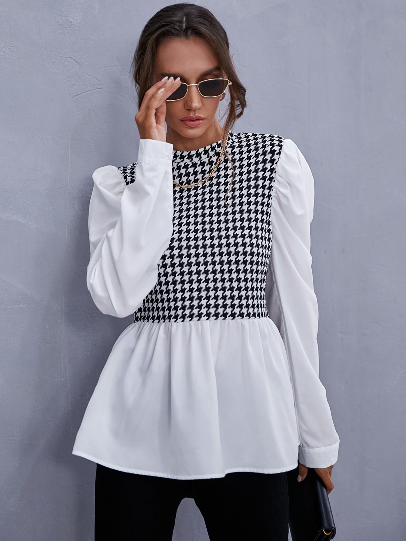 Zipper Back Houndstooth Blouse - Fashionpara