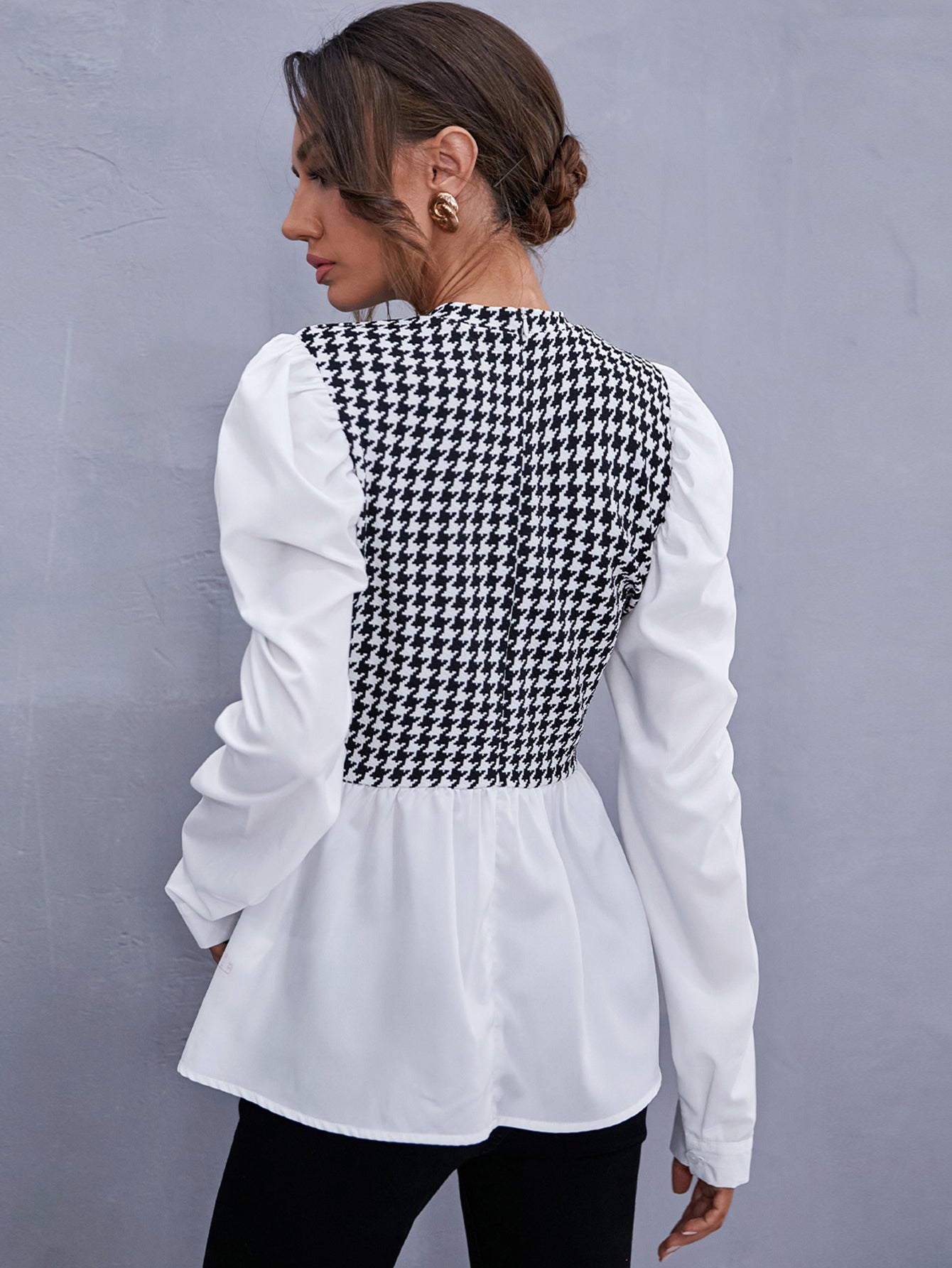 Zipper Back Houndstooth Blouse - Fashionpara