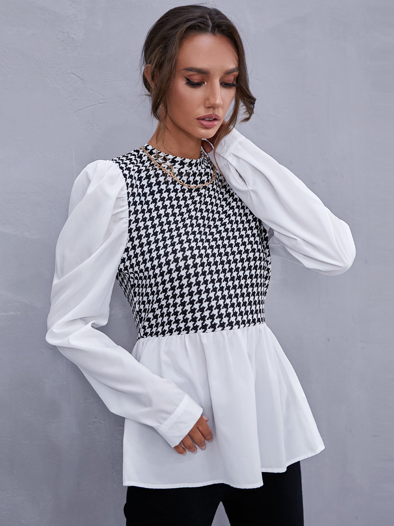 Zipper Back Houndstooth Blouse - Fashionpara