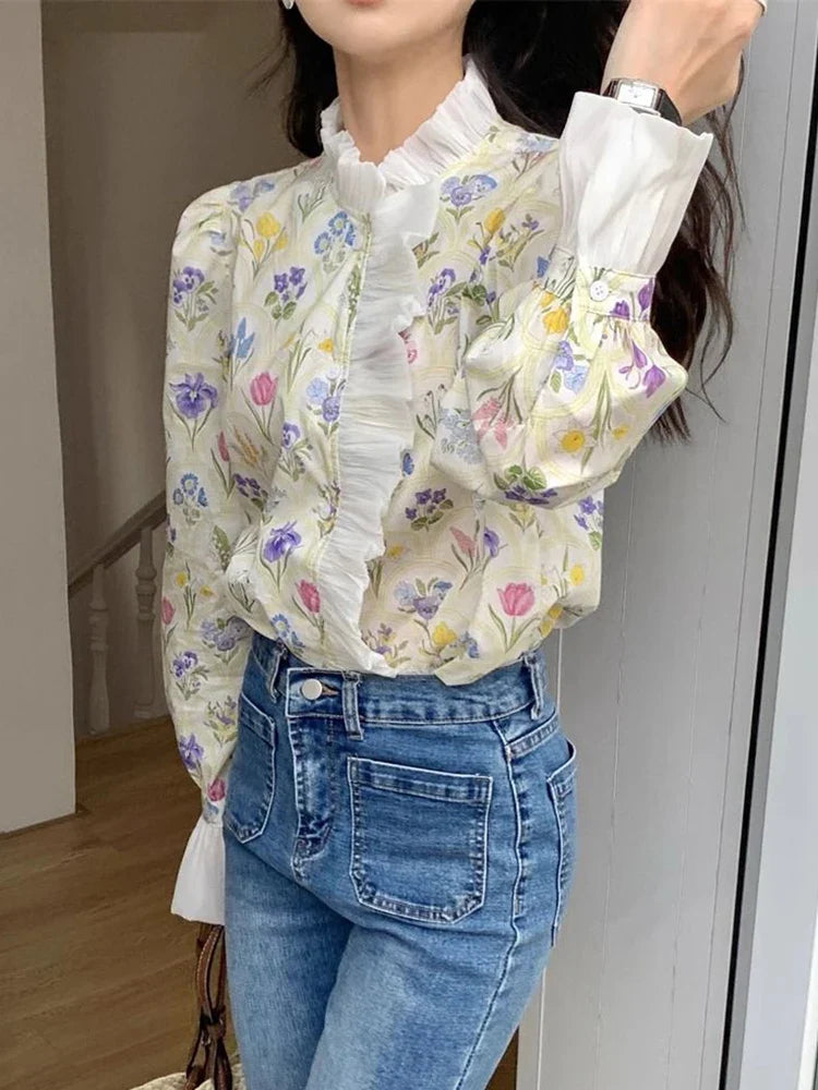 Floral Ruffled Flare Sleeve Blouse