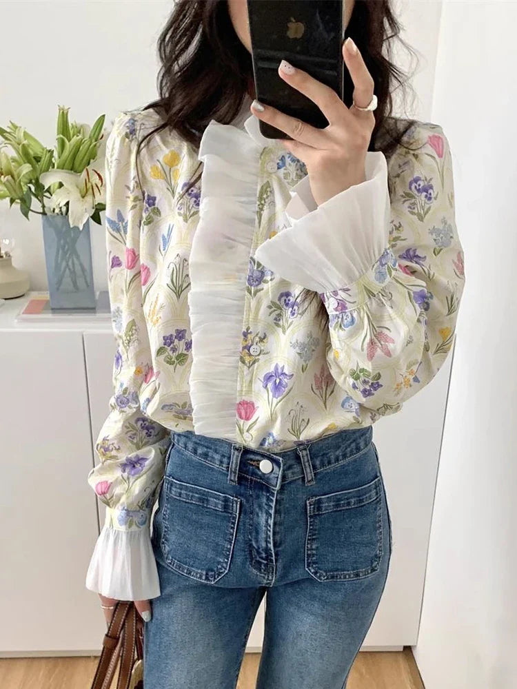 Floral Ruffled Flare Sleeve Blouse