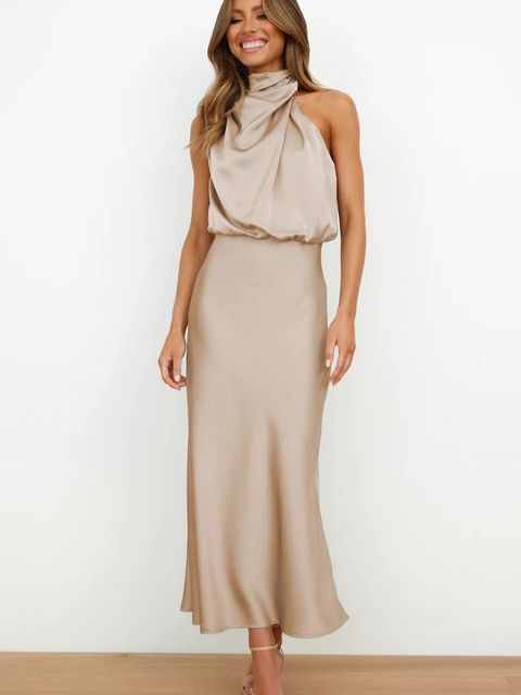 Satin High Neck Sleeveless Ruched Blouson Midi Cocktail Dress - View 2