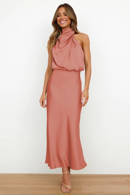 Satin High Neck Sleeveless Ruched Blouson Midi Cocktail Dress - View 4