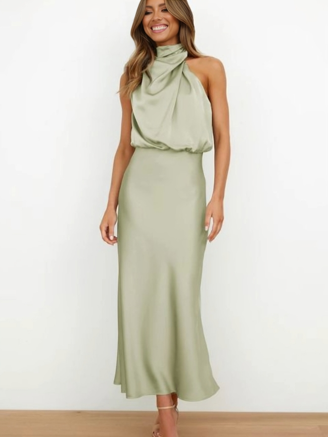 Satin Halter Neck Draped Mock Neck Waist Blouson Slip Midi Dress - View 6