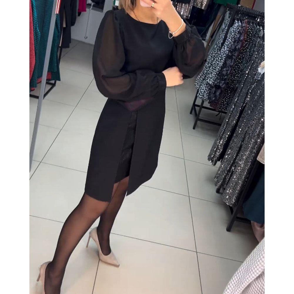Sheer Lantern Sleeve Crew Neck Wrap Slit Mini Dress - View 3