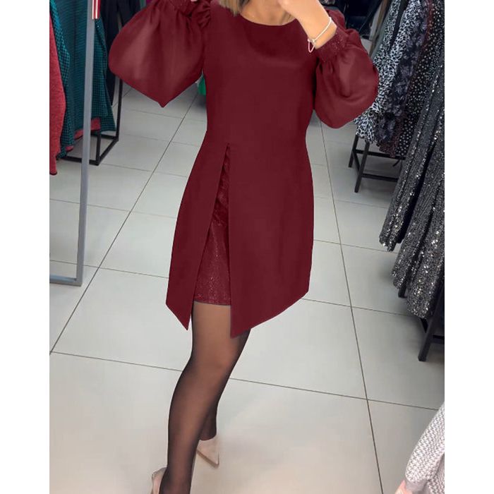 Sheer Lantern Sleeve Crew Neck Wrap Slit Mini Dress - View 5