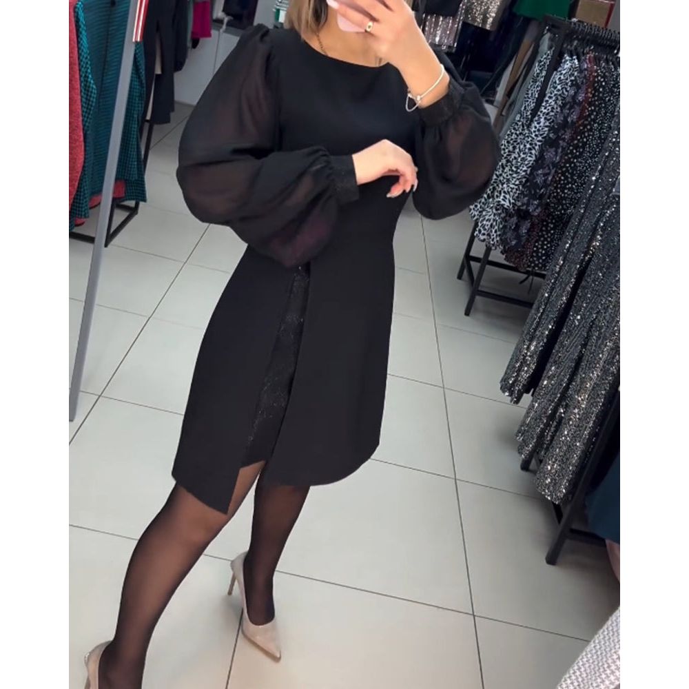 Sheer Lantern Sleeve Crew Neck Wrap Slit Mini Dress