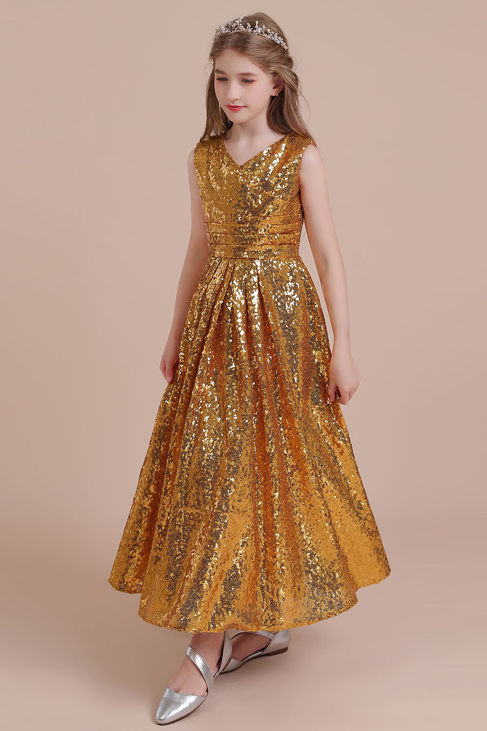 A-Line Amazing Sequins V-neck Flower Girl Dress - Fashionpara
