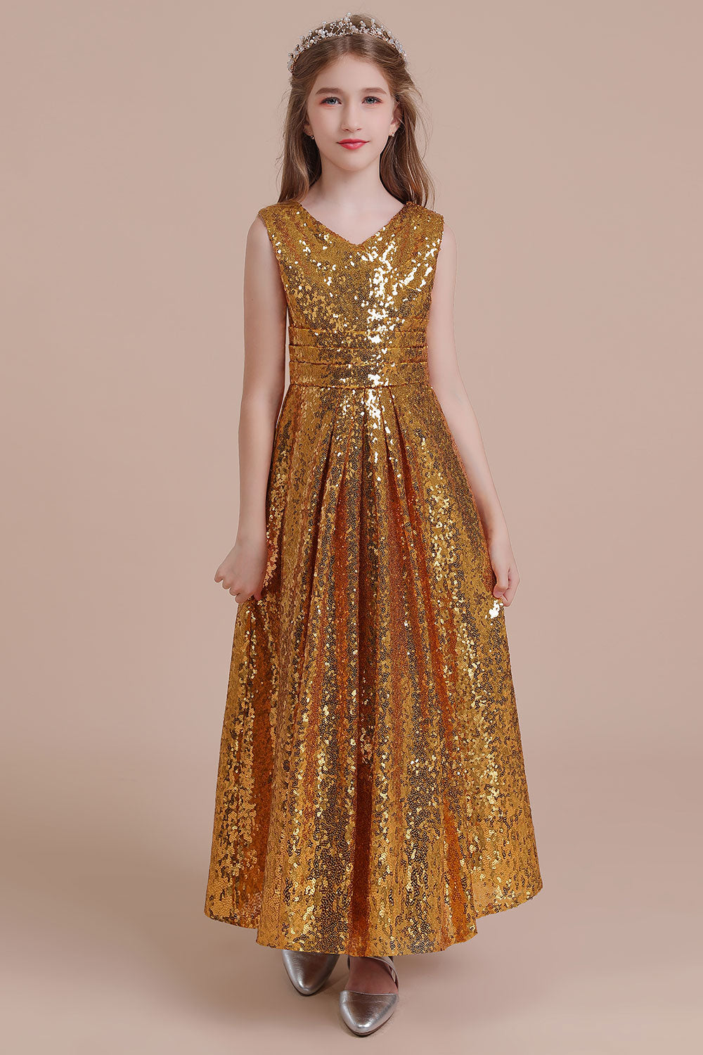 A-Line Amazing Sequins V-neck Flower Girl Dress - Fashionpara