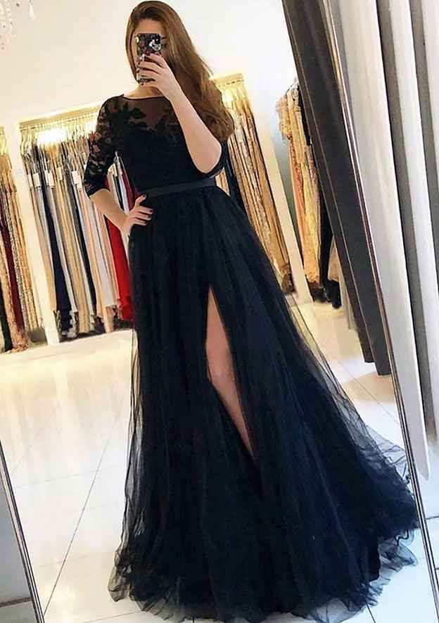 A-Line Bateau 3/4 Sleeve Prom Dress/Evening Dress With Appliqued Sweep Train Tulle - Fashionpara
