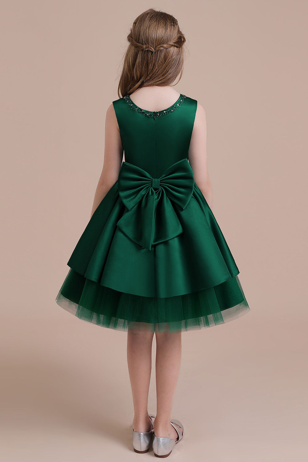 A-Line Bow Beading Satin Tulle Flower Girl Dress On Sale - Fashionpara