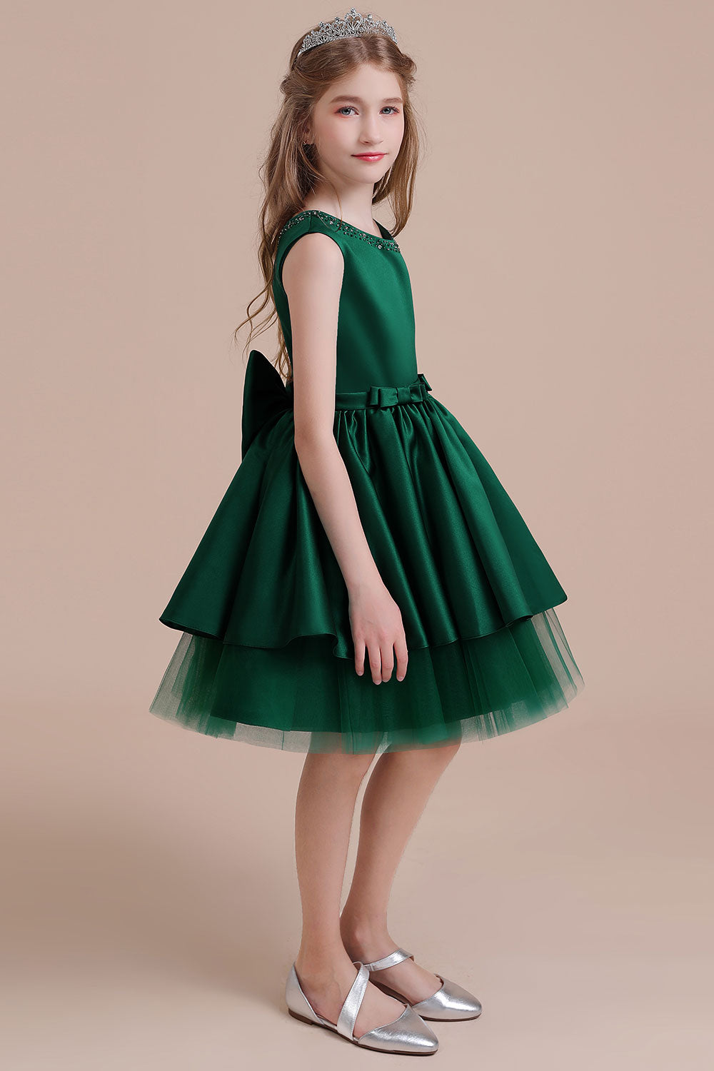 A-Line Bow Beading Satin Tulle Flower Girl Dress On Sale - Fashionpara