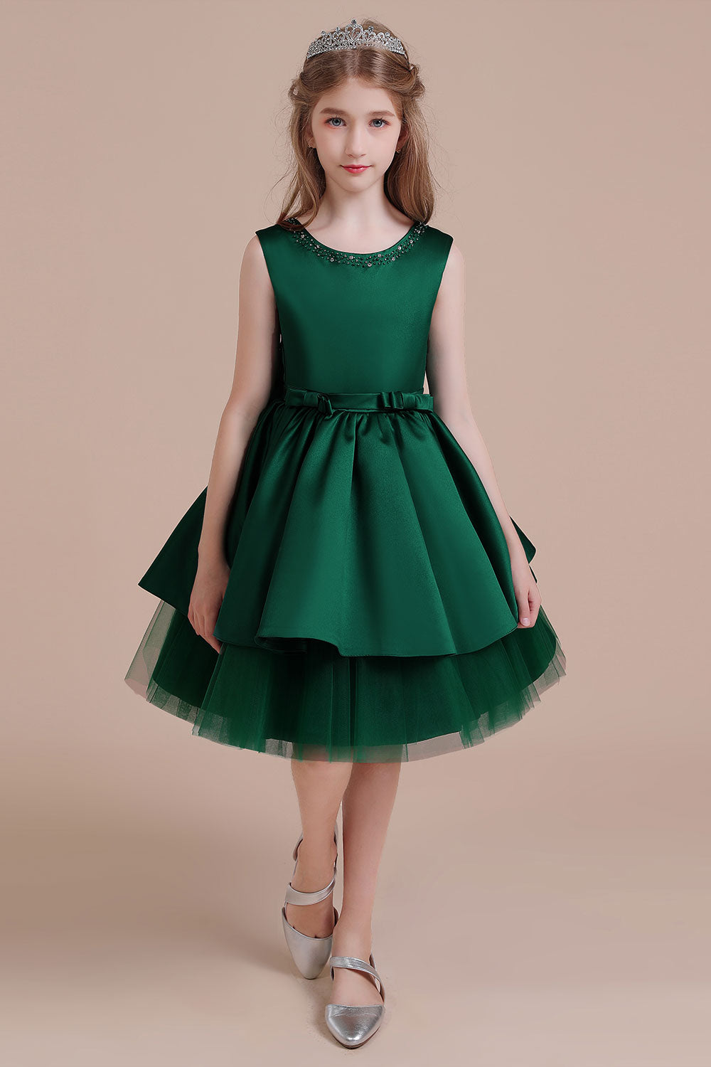 A-Line Bow Beading Satin Tulle Flower Girl Dress On Sale - Fashionpara