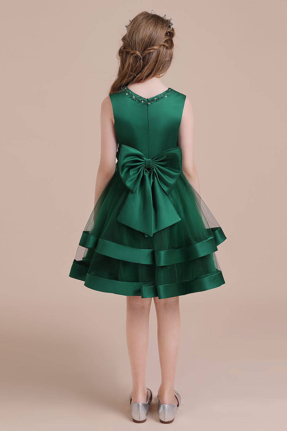 A-Line Bow Satin Layered Tulle Flower Girl Dress - Fashionpara