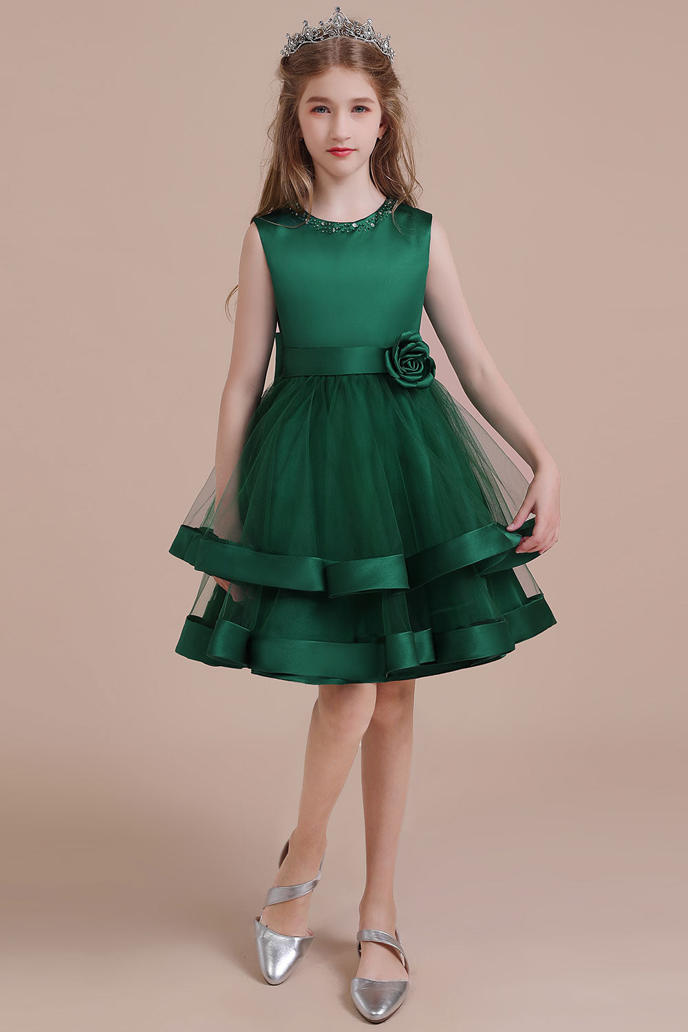 A-Line Bow Satin Layered Tulle Flower Girl Dress - Fashionpara