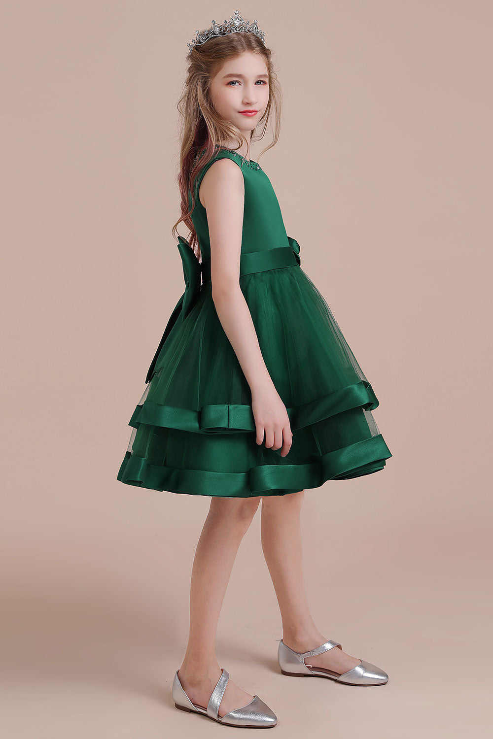A-Line Bow Satin Layered Tulle Flower Girl Dress - Fashionpara