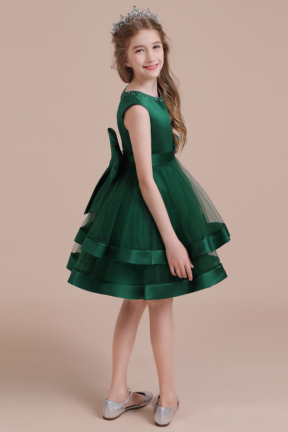 A-Line Bow Satin Layered Tulle Flower Girl Dress - Fashionpara
