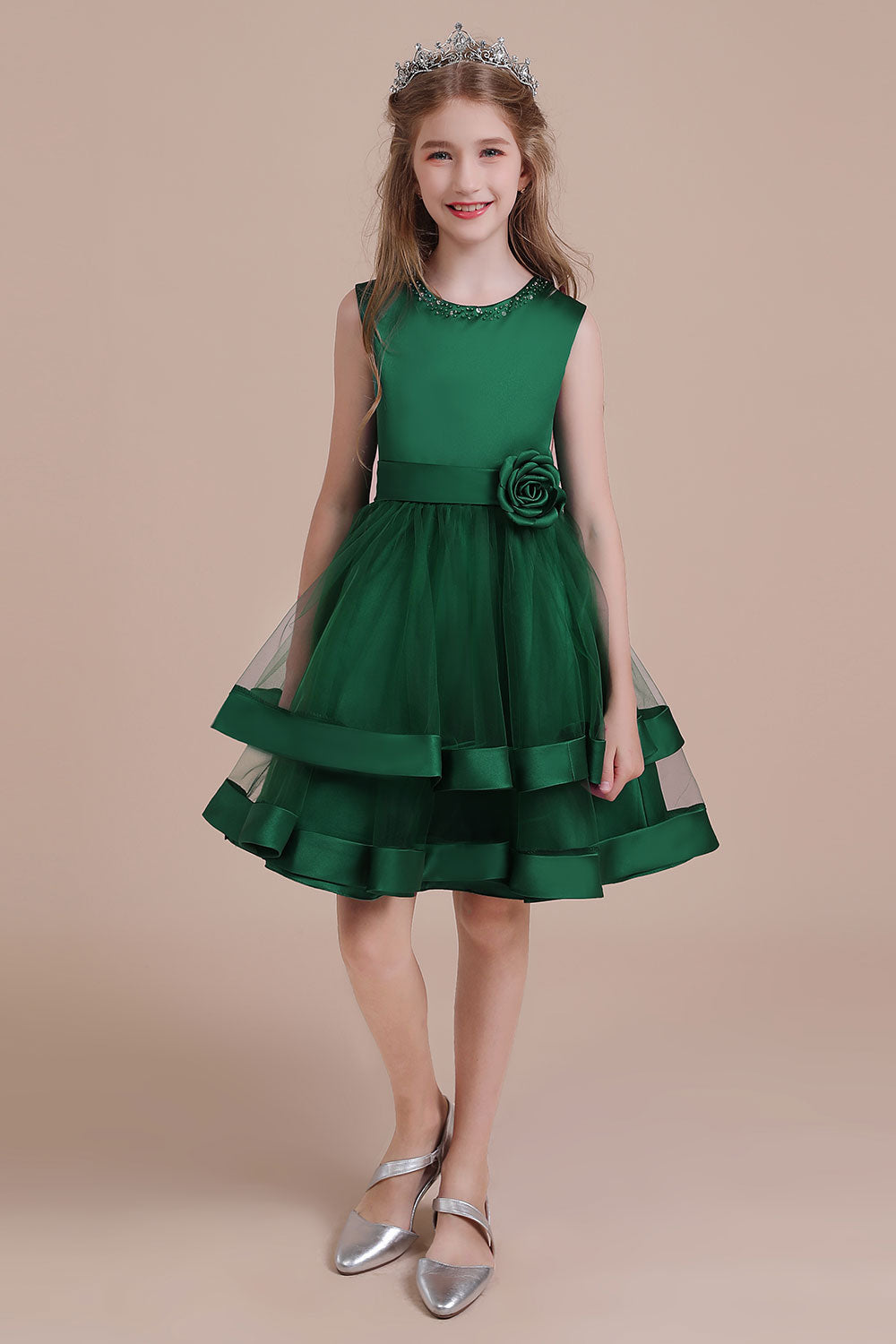A-Line Bow Satin Layered Tulle Flower Girl Dress - Fashionpara