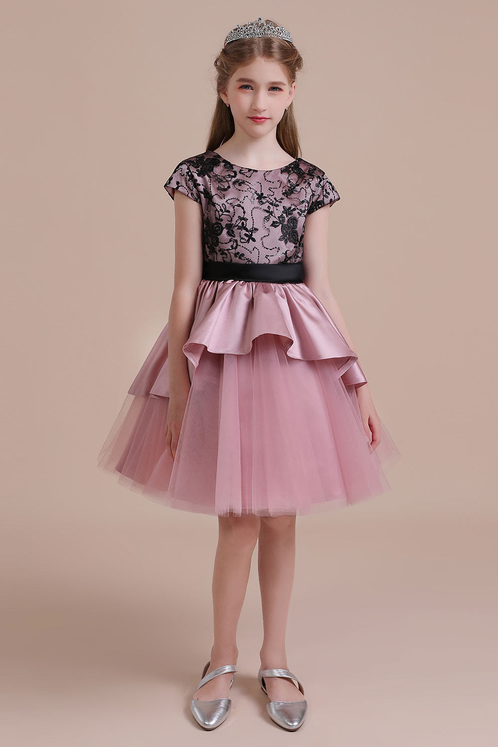 A-Line Cap Sleeve Lace Tulle Knee Length Flower Girl Dress On Sale - Fashionpara