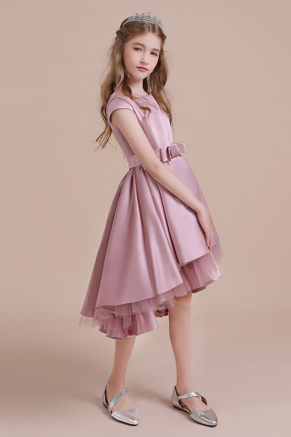 A-Line Cap Sleeve Satin High-low Flower Girl Dress - Fashionpara
