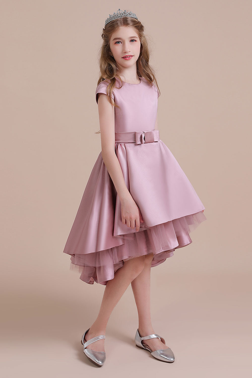 A-Line Cap Sleeve Satin High-low Flower Girl Dress - Fashionpara