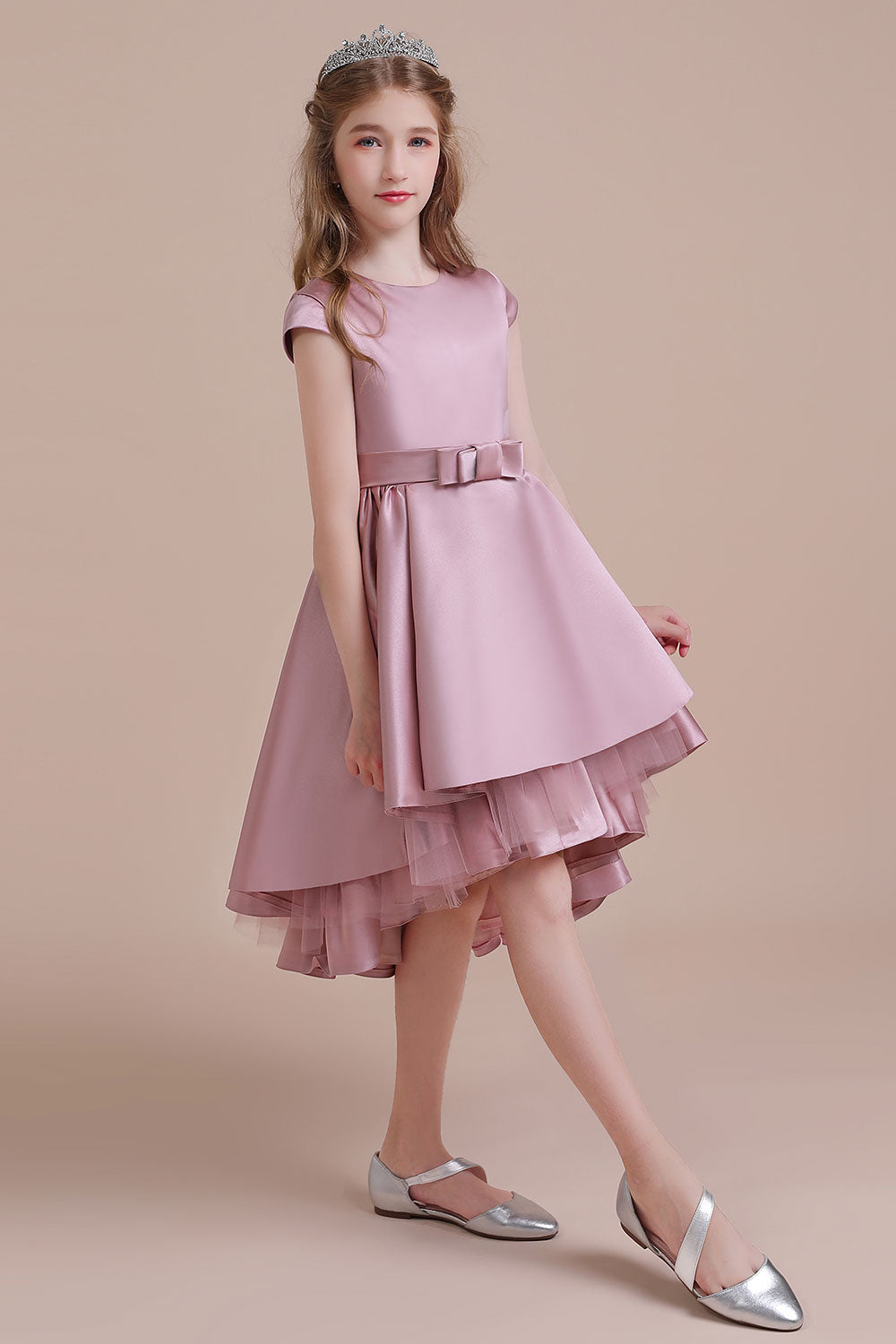 A-Line Cap Sleeve Satin High-low Flower Girl Dress - Fashionpara