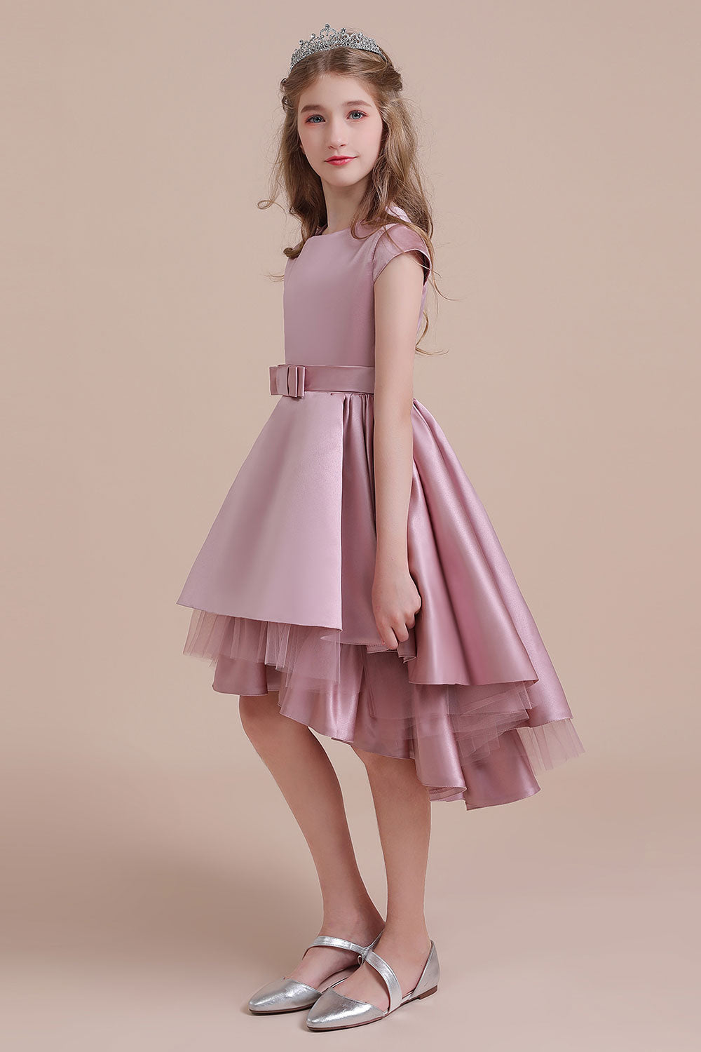 A-Line Cap Sleeve Satin High-low Flower Girl Dress - Fashionpara