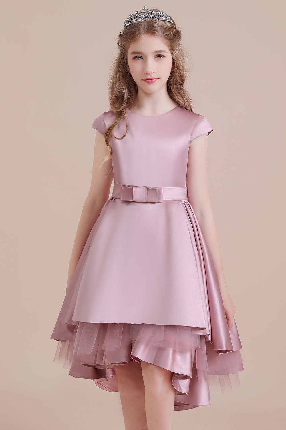 A-Line Cap Sleeve Satin High-low Flower Girl Dress - Fashionpara