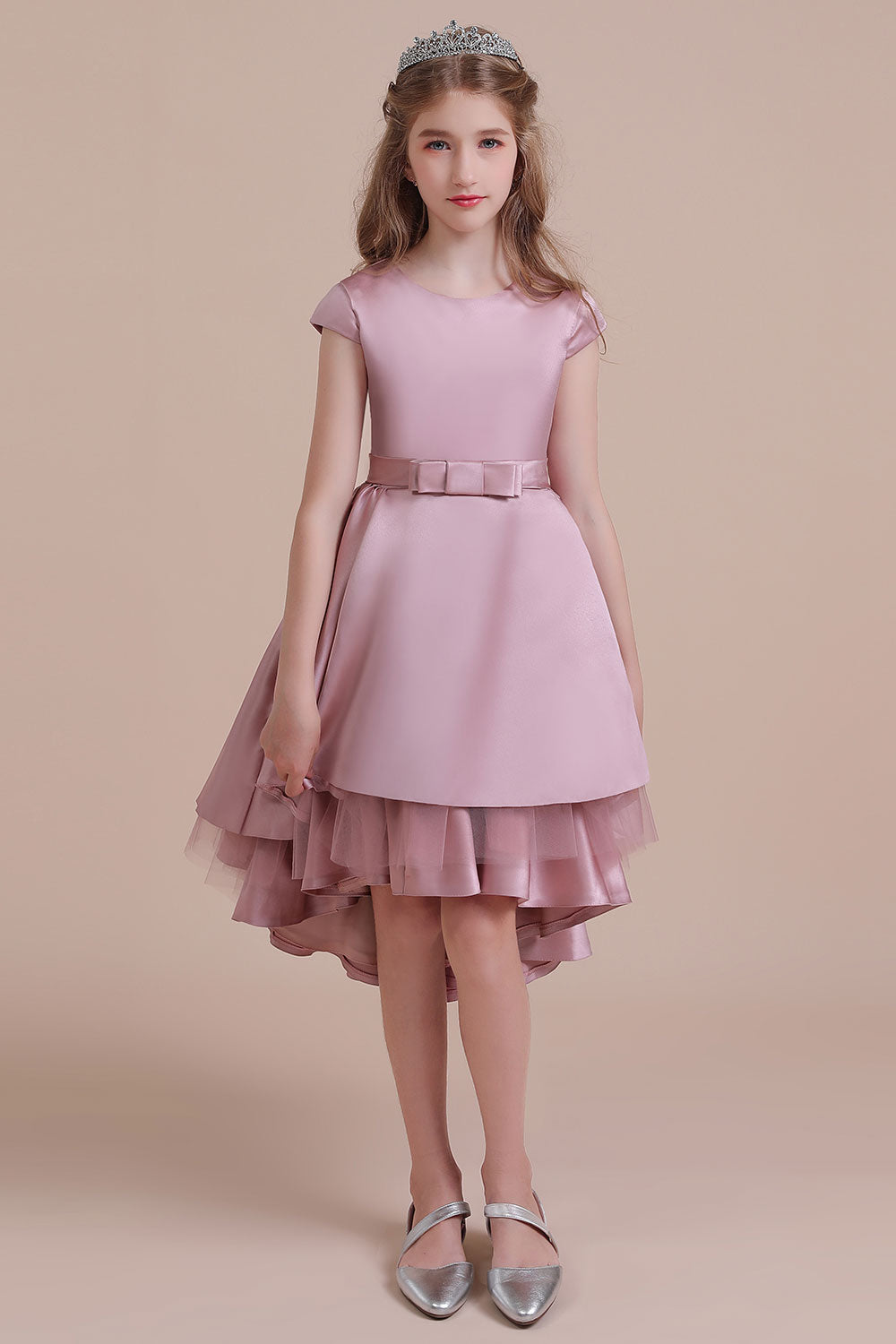 A-Line Cap Sleeve Satin High-low Flower Girl Dress - Fashionpara
