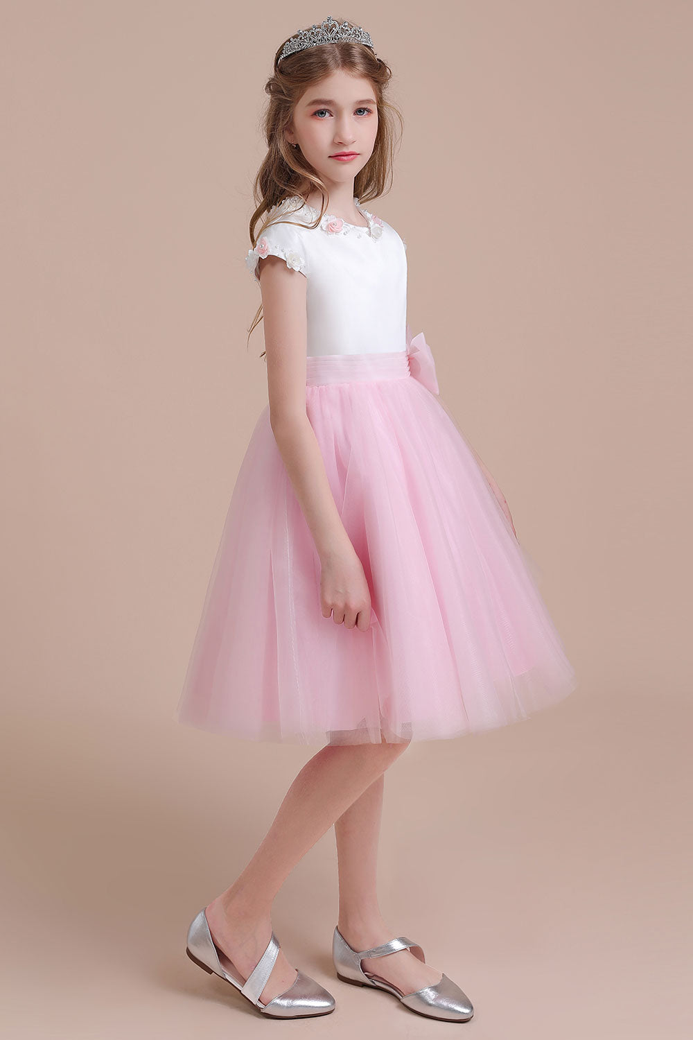 A-Line Cap Sleeve Tulle Knee Length Flower Girl Dress - Fashionpara