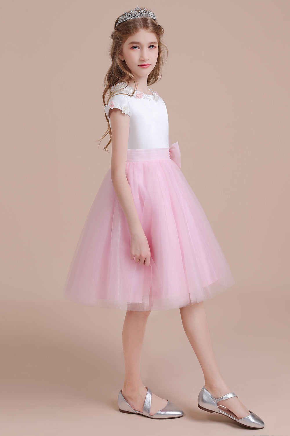 A-Line Cap Sleeve Tulle Knee Length Flower Girl Dress - Fashionpara