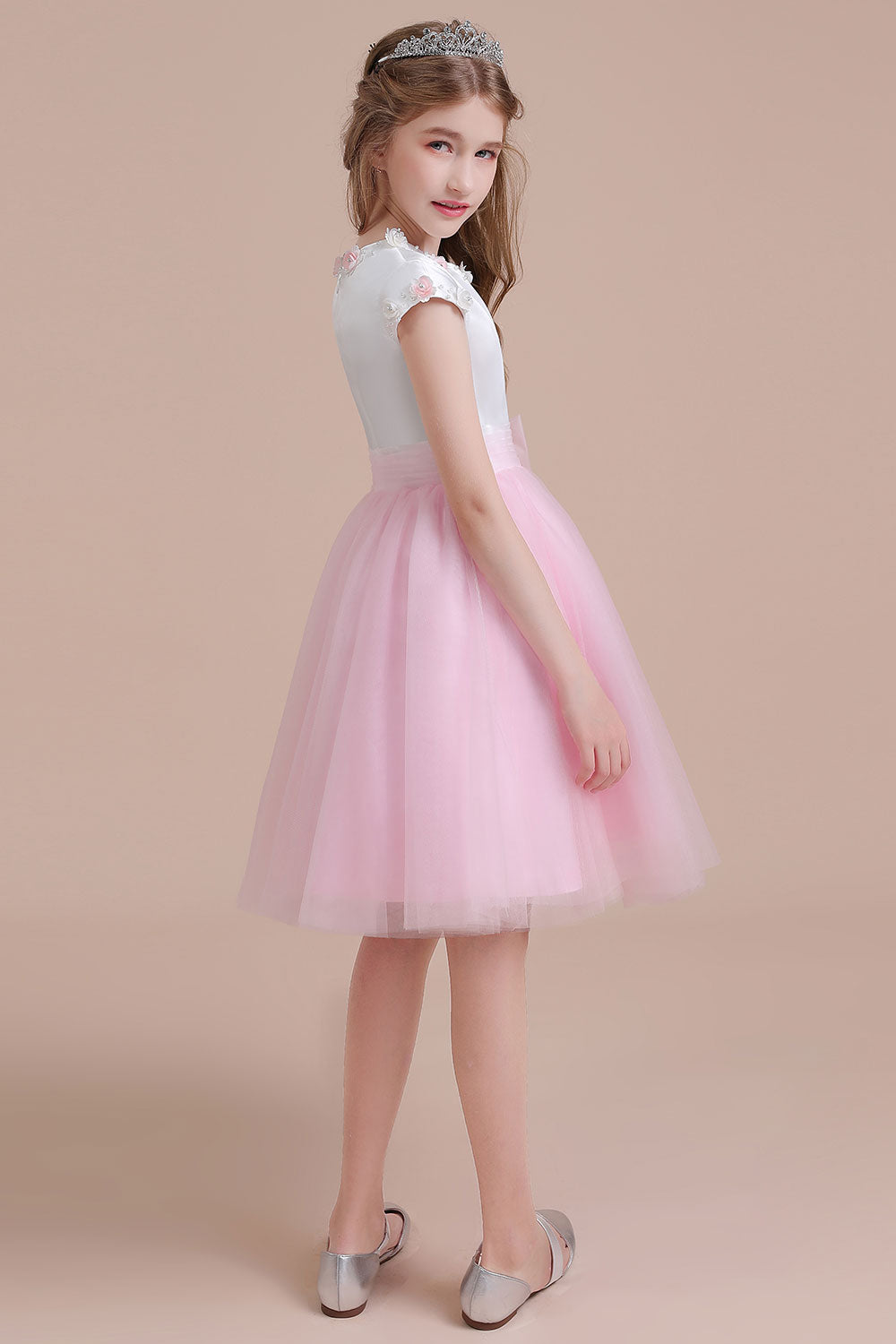 A-Line Cap Sleeve Tulle Knee Length Flower Girl Dress - Fashionpara
