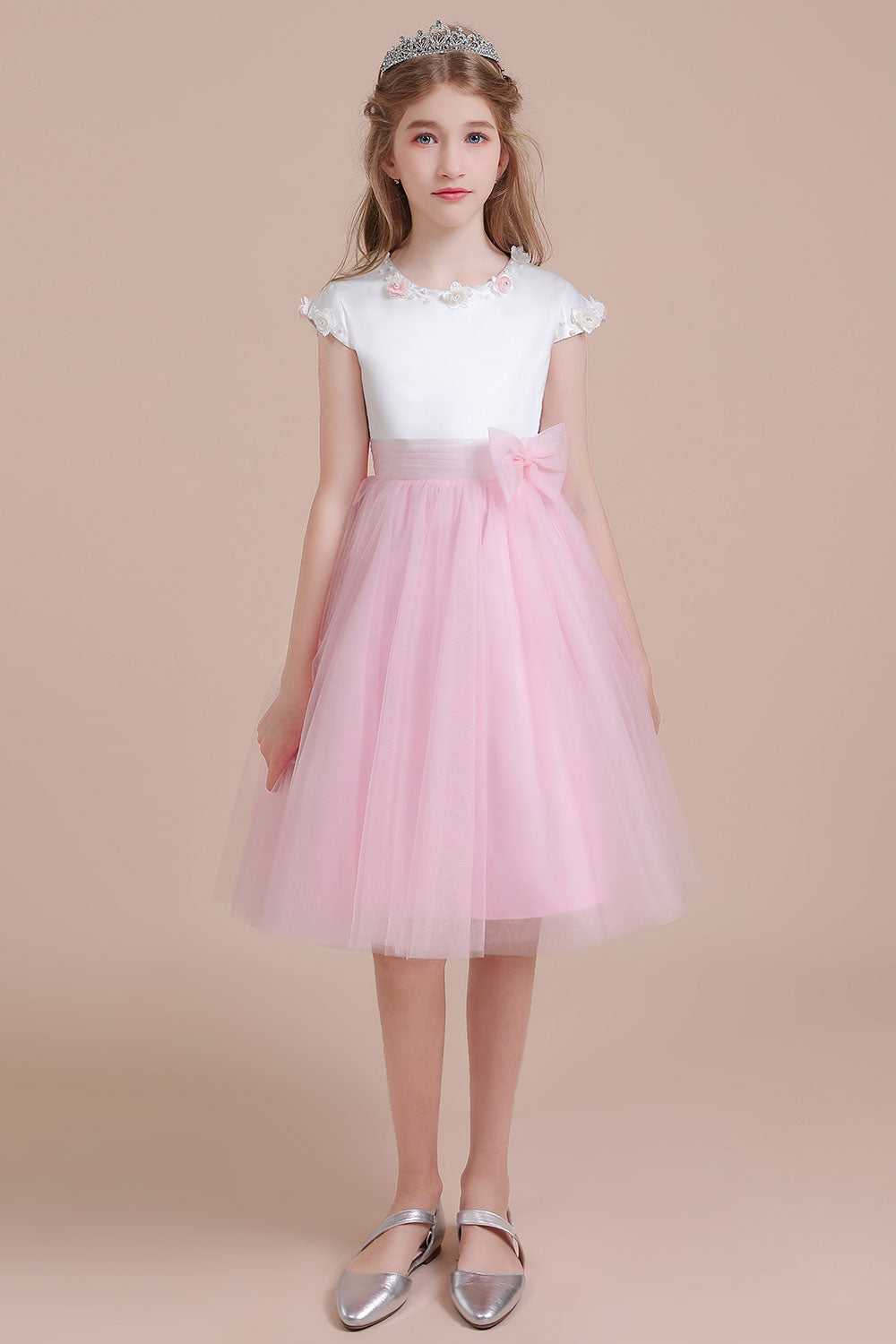 A-Line Cap Sleeve Tulle Knee Length Flower Girl Dress - Fashionpara