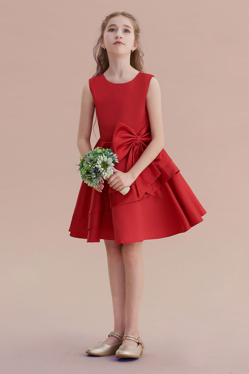 A-Line Chic Bow Satin Knee Length Flower Girl Dress On Sale - Fashionpara