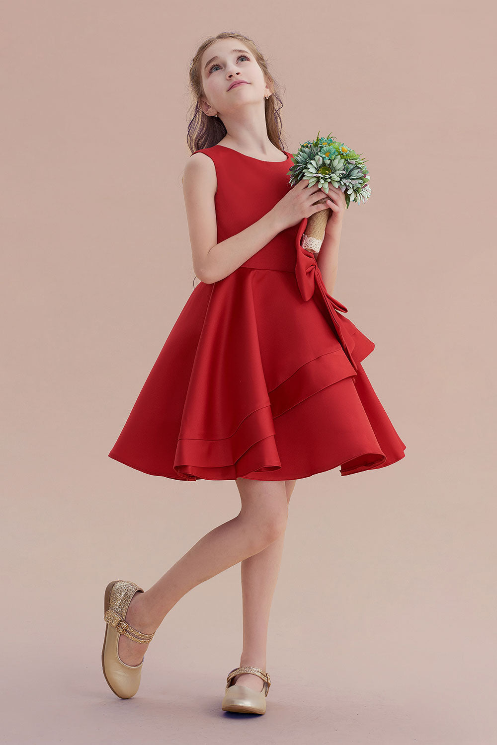 A-Line Chic Bow Satin Knee Length Flower Girl Dress On Sale - Fashionpara
