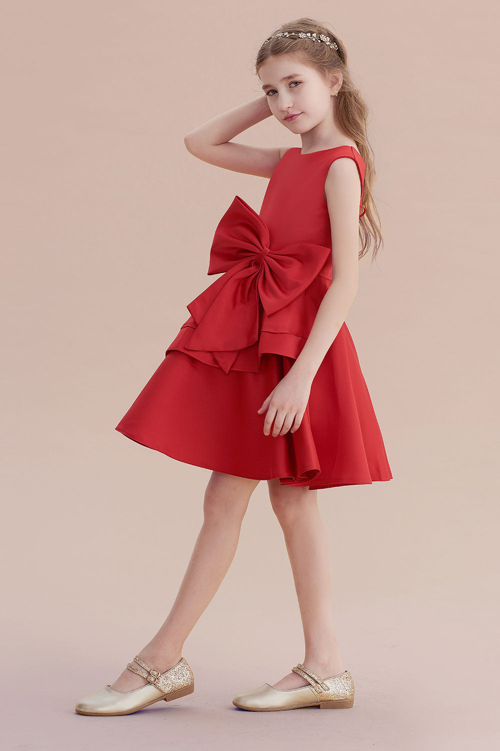 A-Line Chic Bow Satin Knee Length Flower Girl Dress On Sale - Fashionpara