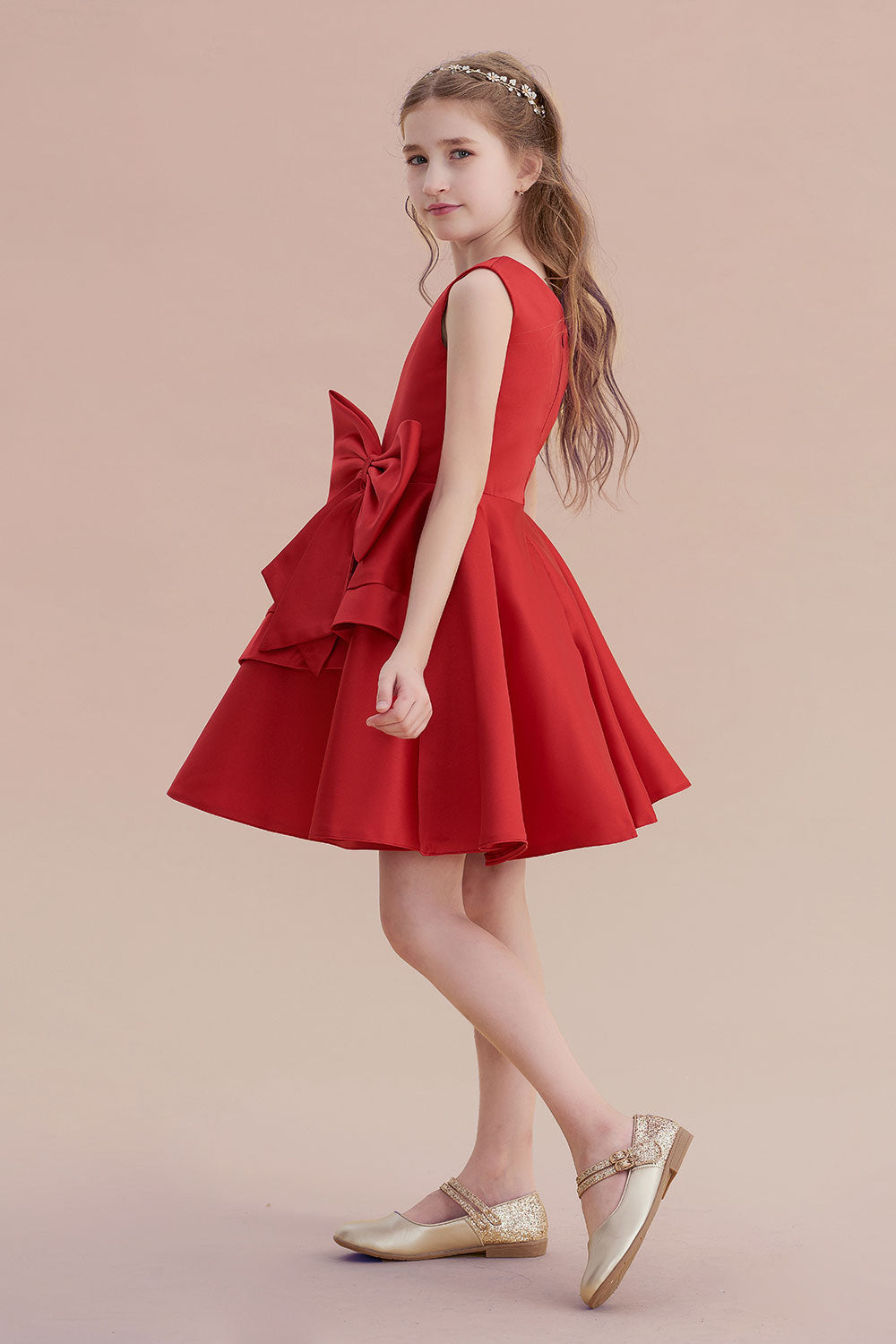 A-Line Chic Bow Satin Knee Length Flower Girl Dress On Sale - Fashionpara