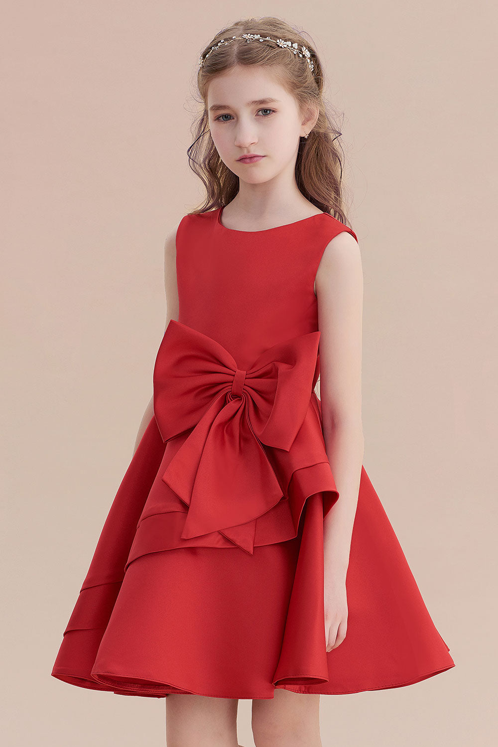 A-Line Chic Bow Satin Knee Length Flower Girl Dress On Sale - Fashionpara