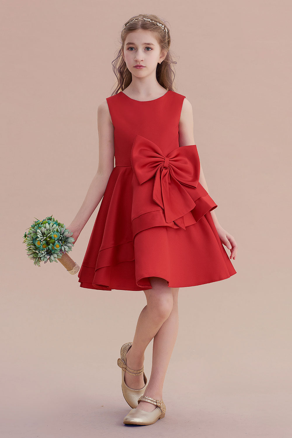 A-Line Chic Bow Satin Knee Length Flower Girl Dress On Sale - Fashionpara