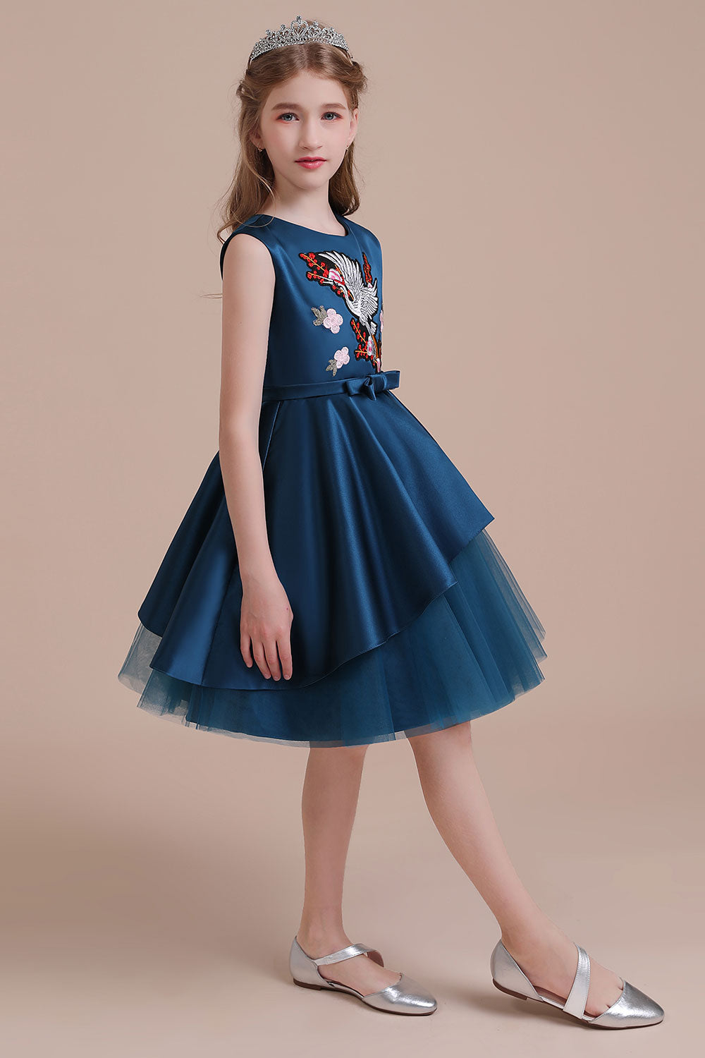 A-Line Embroidered Satin Tulle Flower Girl Dress On Sale - Fashionpara