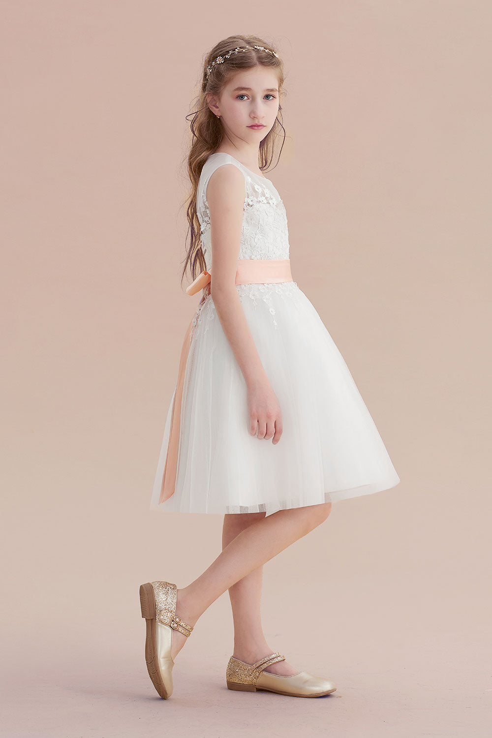 A-Line Illusion Appliques Tulle Flower Girl Dress - Fashionpara