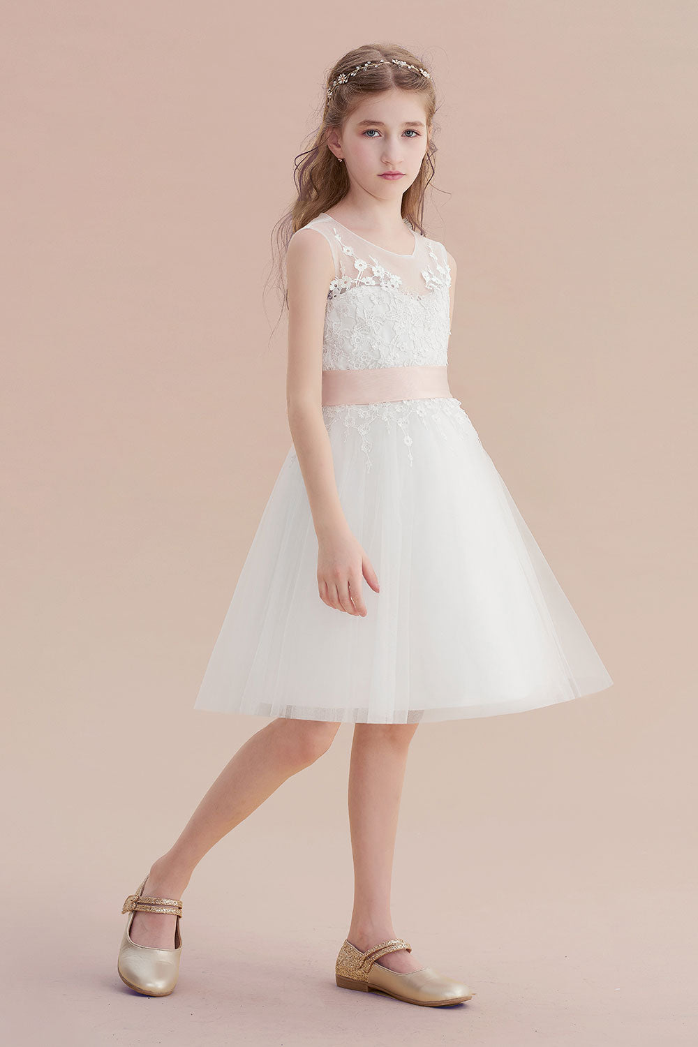 A-Line Illusion Appliques Tulle Flower Girl Dress - Fashionpara