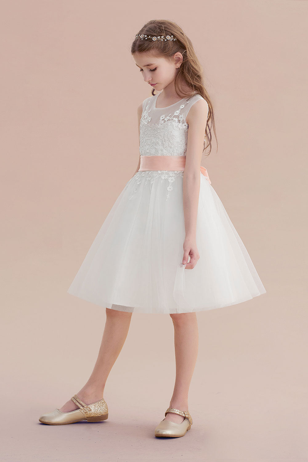 A-Line Illusion Appliques Tulle Flower Girl Dress - Fashionpara
