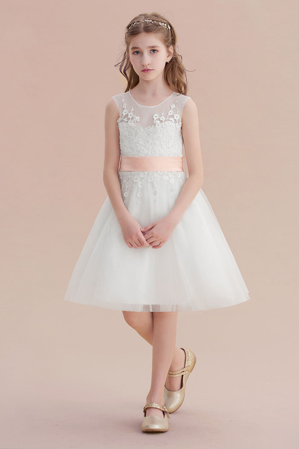 A-Line Illusion Appliques Tulle Flower Girl Dress - Fashionpara