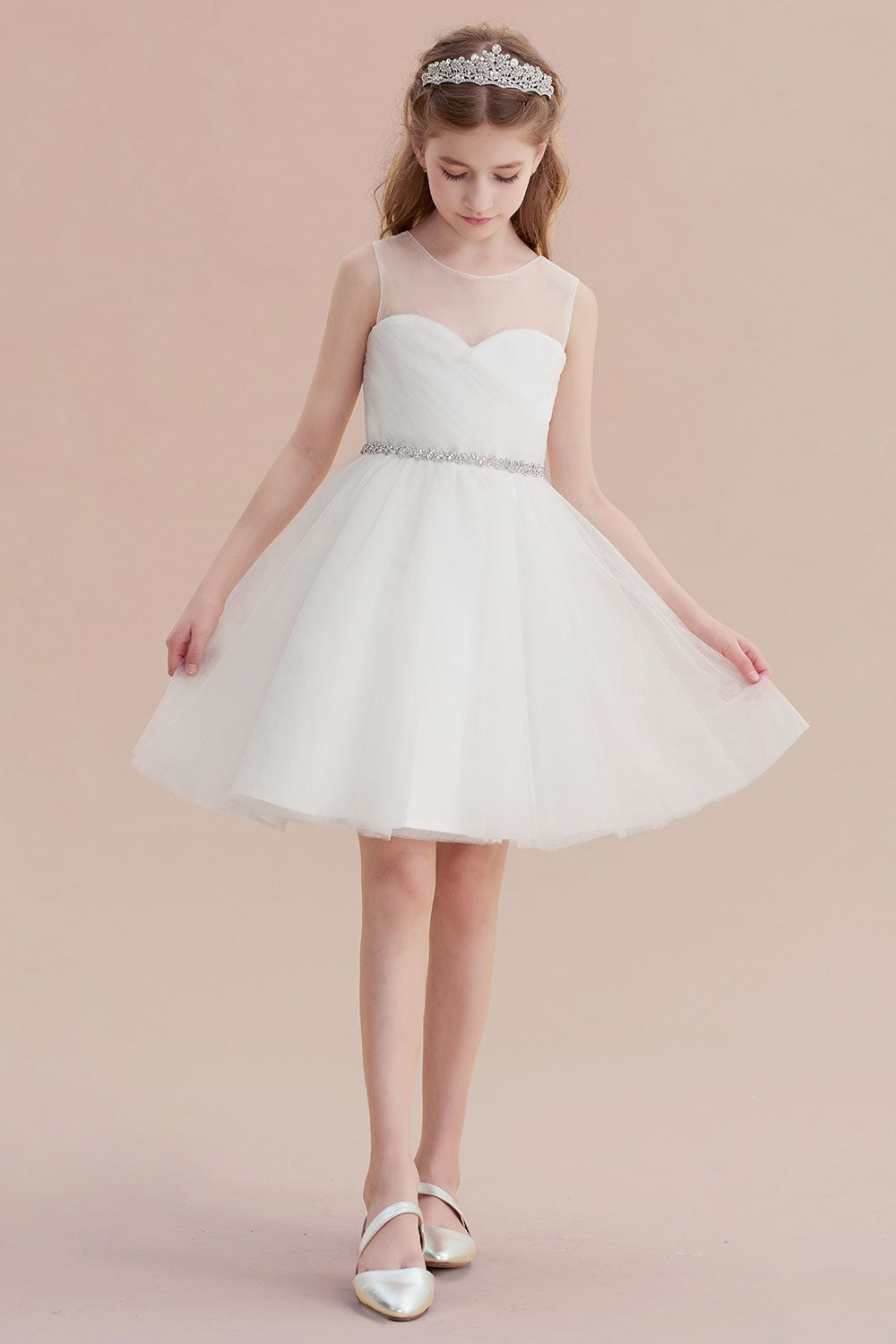 A-Line Illusion Knee Length Tulle Flower Girl Dress - Fashionpara