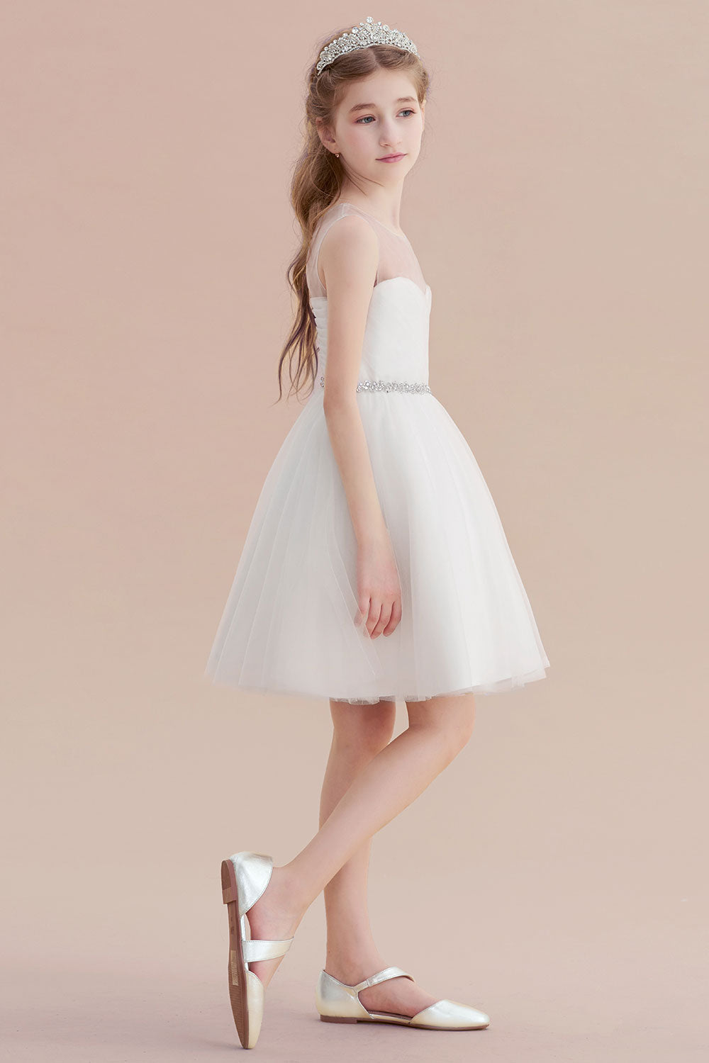 A-Line Illusion Knee Length Tulle Flower Girl Dress - Fashionpara