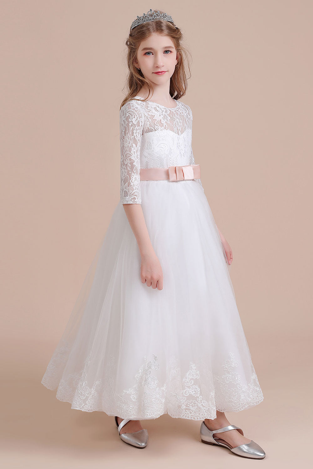 A-Line Illusion Lace Tulle Ankle Length Flower Girl Dress On Sale - Fashionpara