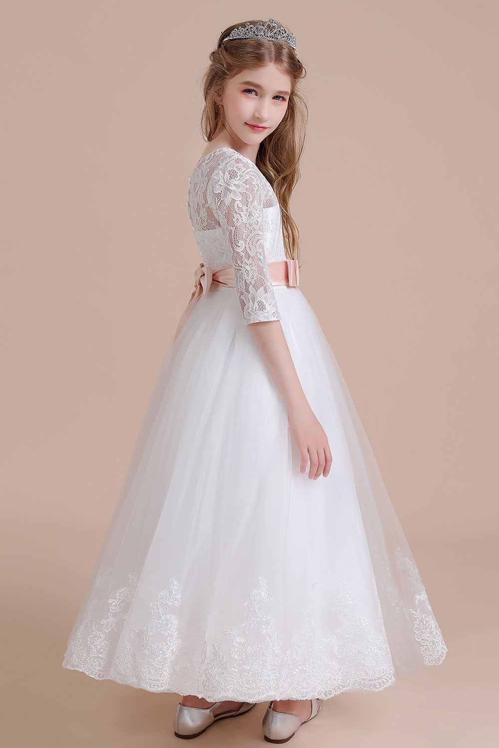 A-Line Illusion Lace Tulle Ankle Length Flower Girl Dress On Sale - Fashionpara