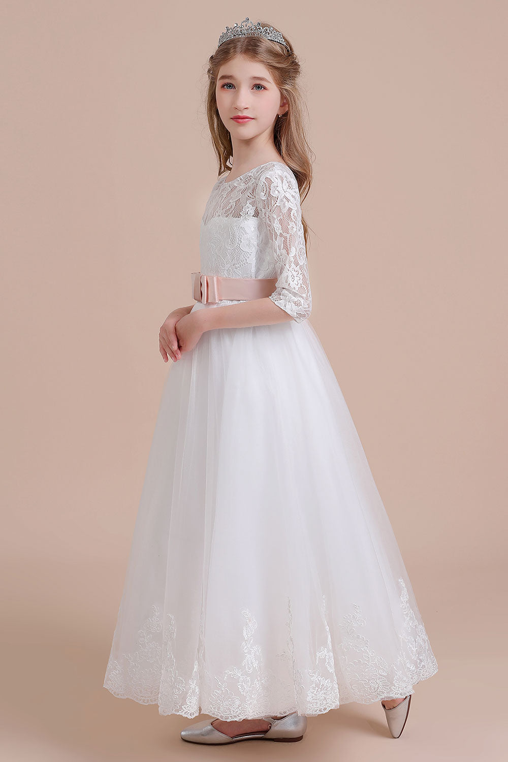 A-Line Illusion Lace Tulle Ankle Length Flower Girl Dress On Sale - Fashionpara