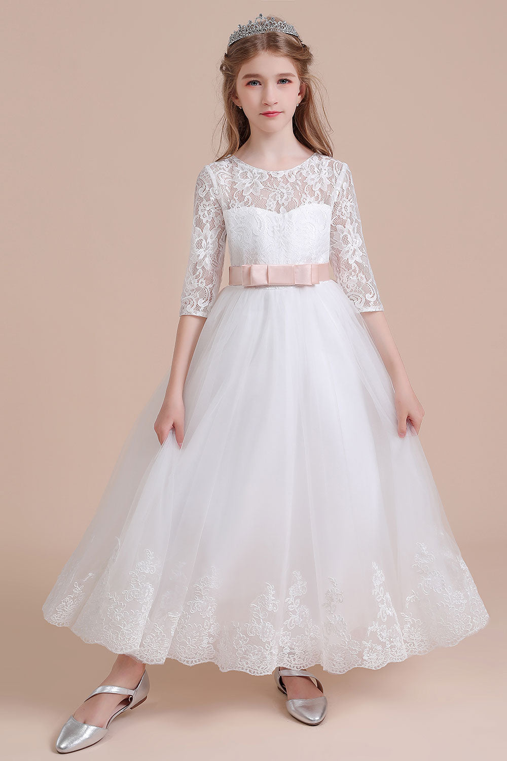 A-Line Illusion Lace Tulle Ankle Length Flower Girl Dress On Sale - Fashionpara